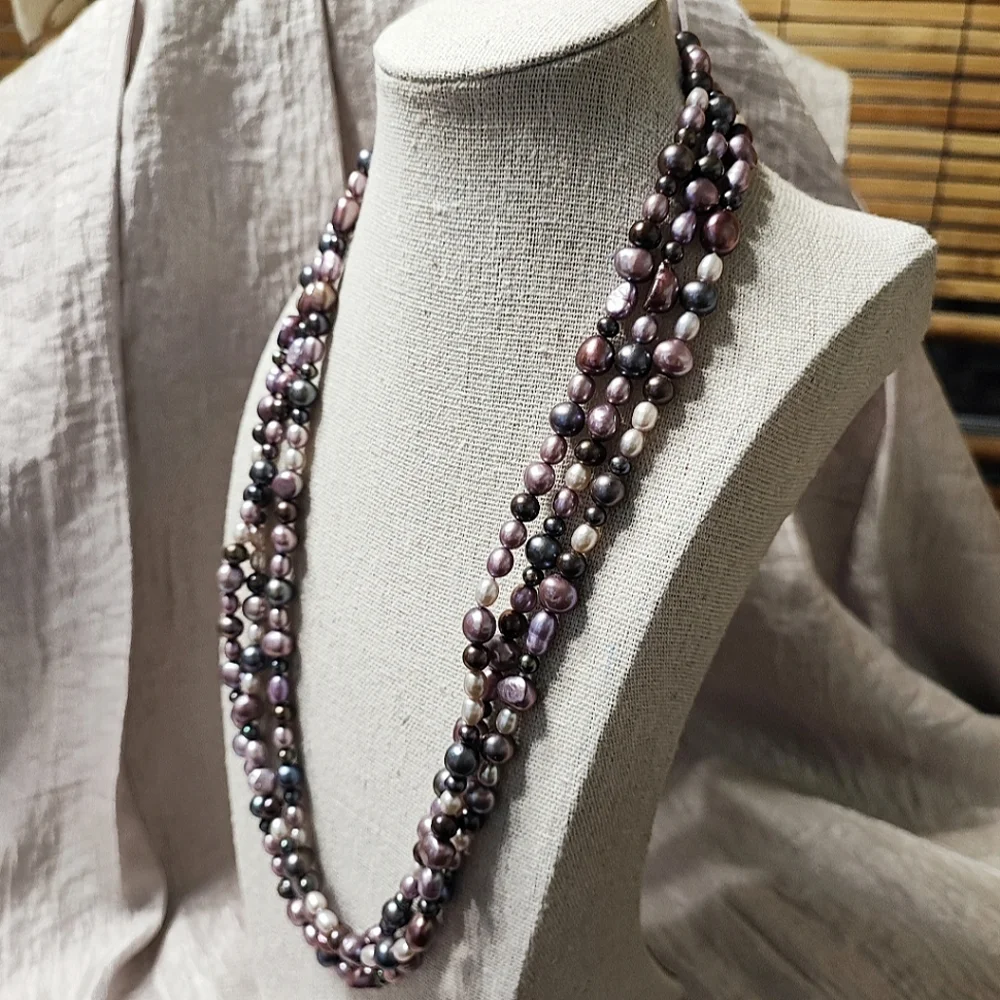 Peacock Freshwater Glass Pearls Gray Purple Lavender Cream Long Strand Necklace